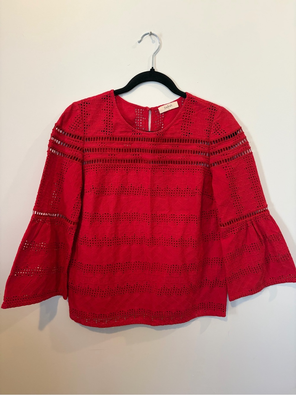 BA&SH Red Eyelet Bell-Sleeve Top - Size 1